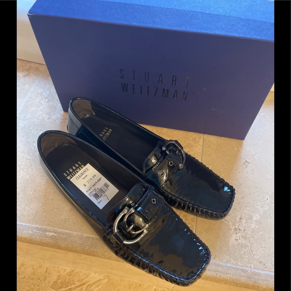 Stuart Weitzman Download Black Soft Patent Leather Loafers Buckle Women Sz 7 NIB